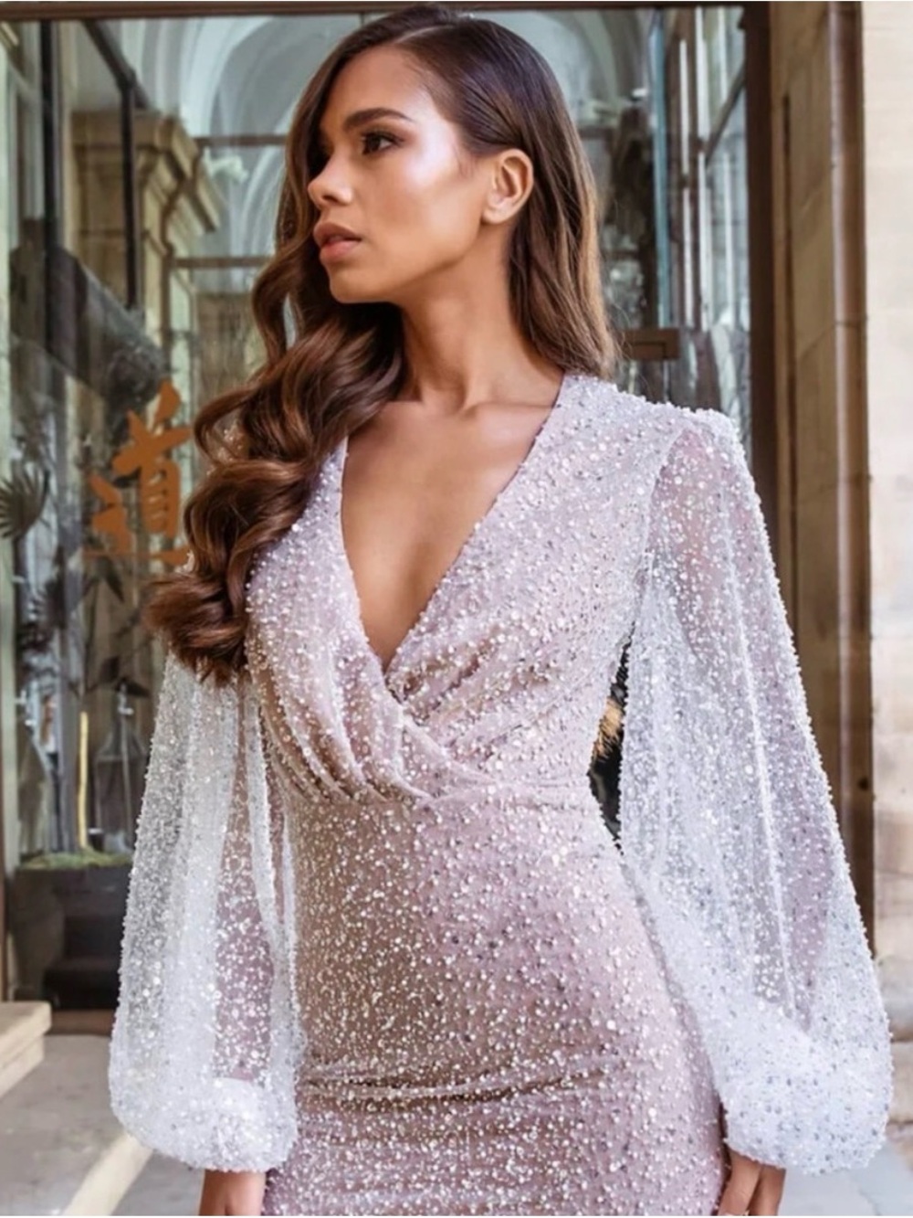 NADINE MERABI Beaded Blush Mini Dress with Sheer Puff Sleeves